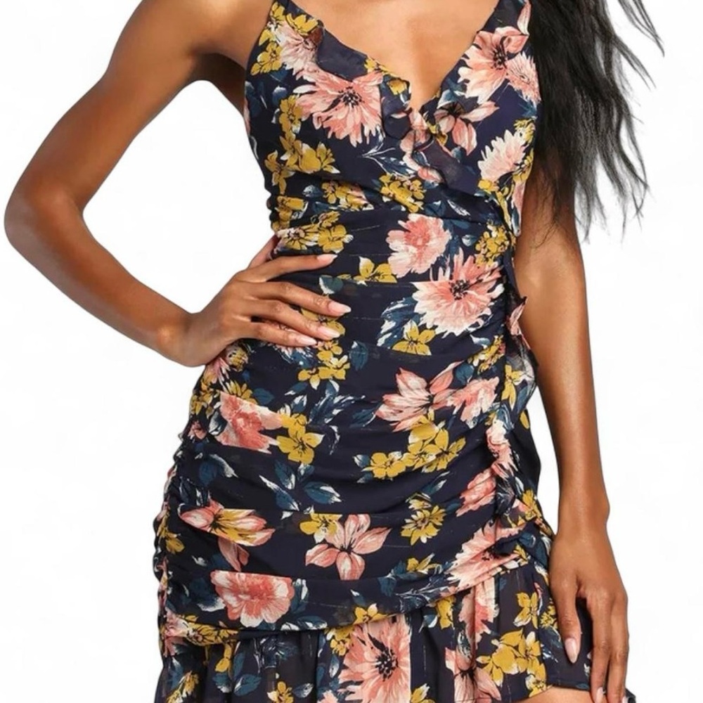 Lulus Ready to Ruffle Navy Floral Surplice Ruched Mini Dress